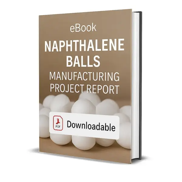 3D-rendered eBook cover for "Naphthalene Balls Manufacturing Project Report." The cover shows white naphthalene balls (mothballs) placed in a transparent glass container with some scattered around it. The title text reads “eBook NAPHTHALENE BALLS MANUFACTURING PROJECT REPORT” in bold white font, and a PDF icon with the word “Downloadable” is displayed at the bottom.
