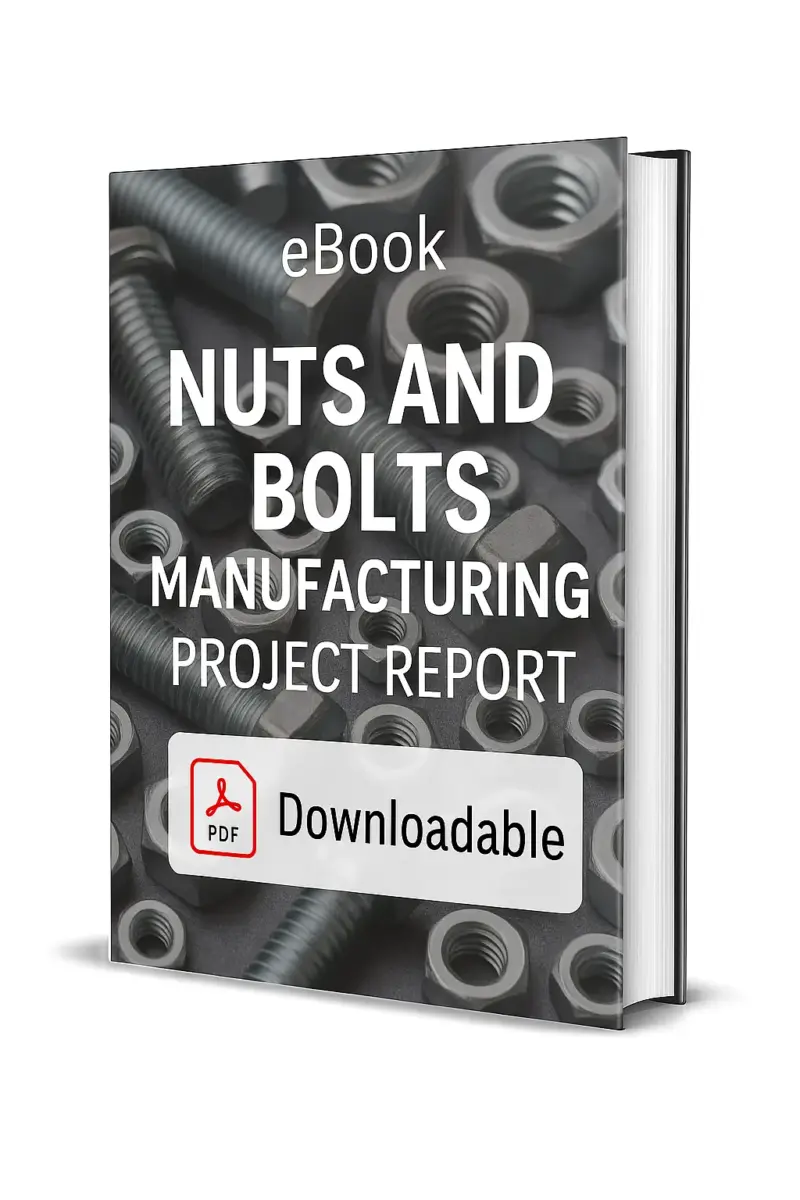 3D-rendered eBook cover for "Nuts and Bolts Manufacturing Project Report." The cover shows metallic nuts and bolts neatly arranged in piles against a clean background. The title text reads “eBook NUTS AND BOLTS MANUFACTURING PROJECT REPORT” in bold white font, and a PDF icon with the word “Downloadable” is displayed at the bottom.