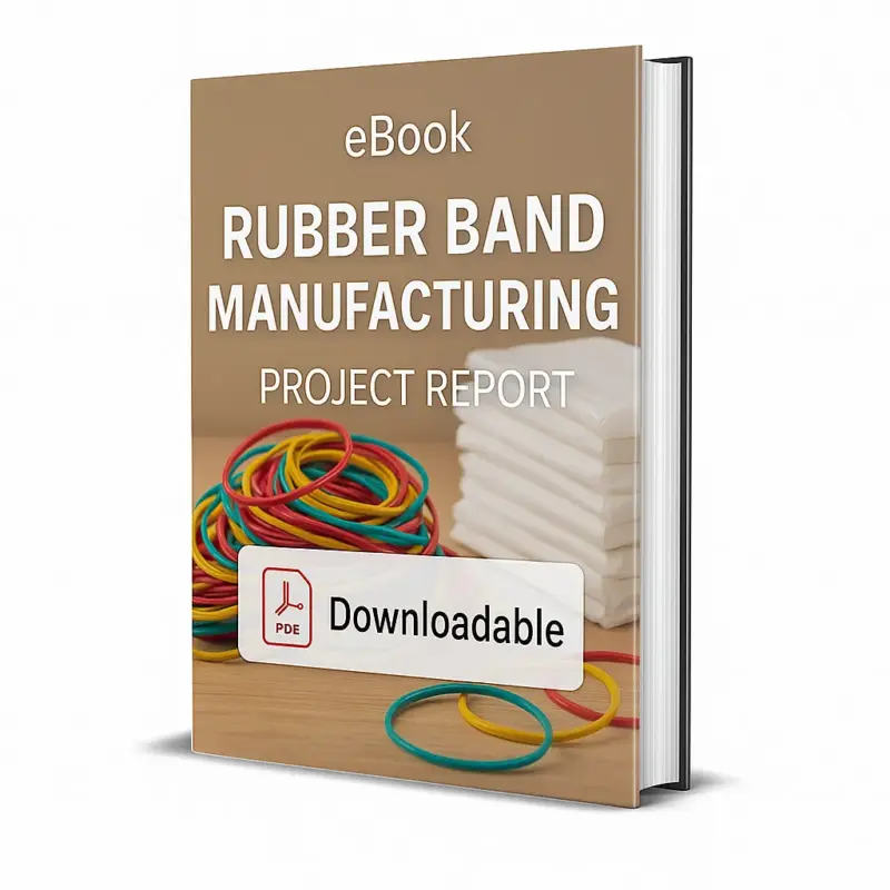 3D-rendered eBook cover for "Rubber Band Manufacturing Project Report." The cover shows colorful rubber bands — red, green, yellow, and blue — scattered loosely with some bundled together neatly. The title text reads “eBook RUBBER BAND MANUFACTURING PROJECT REPORT” in bold white font, and a PDF icon with the word “Downloadable” is displayed at the bottom.