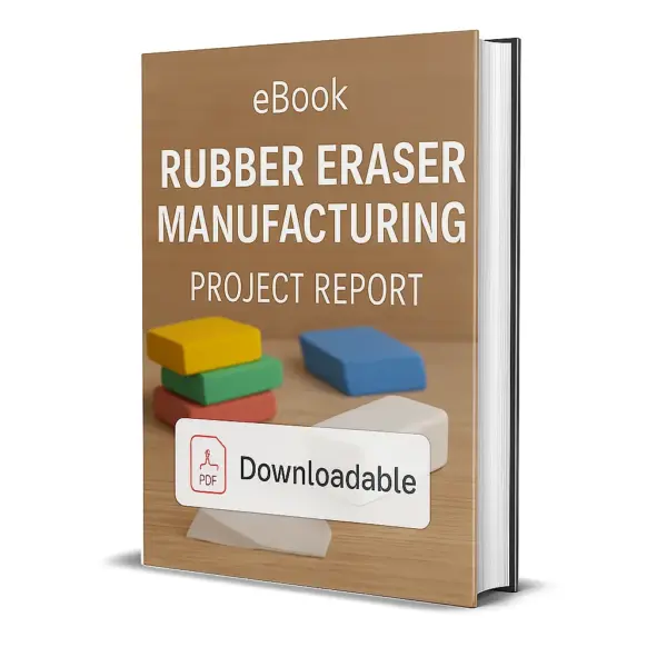 3D-rendered eBook cover for "Rubber Eraser Manufacturing Project Report." The cover shows colorful rubber erasers, including rectangular block erasers and pencil-tip erasers, arranged neatly on a clean surface. The title text reads “eBook RUBBER ERASER MANUFACTURING PROJECT REPORT” in bold white font, and a PDF icon with the word “Downloadable” is displayed at the bottom.