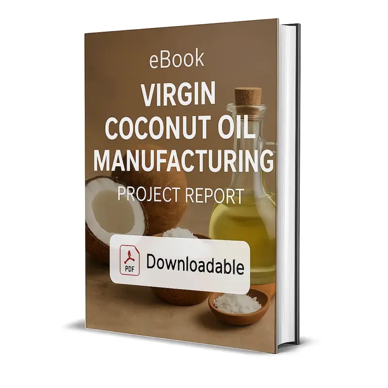 3D-rendered eBook cover for "Virgin Coconut Oil Manufacturing Project Report." The cover shows whole and split coconuts placed beside a glass jar filled with golden virgin coconut oil on a wooden surface. The title text reads “eBook VIRGIN COCONUT OIL MANUFACTURING PROJECT REPORT” in bold white font, and a PDF icon with the word “Downloadable” is displayed at the bottom.