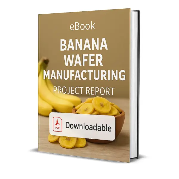 3D-rendered eBook cover for "Banana Wafer Manufacturing Project Report." The cover shows a bowl of crispy yellow banana wafers with some scattered around, and raw bananas placed nearby on a clean surface. The title text reads “eBook BANANA WAFER MANUFACTURING PROJECT REPORT” in bold white font, and a PDF icon with the word “Downloadable” is displayed at the bottom.