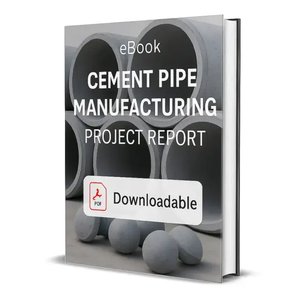 3D-rendered eBook cover for "Cement Pipe Manufacturing Project Report." The cover shows large cylindrical cement pipes stacked neatly in rows on a construction site. The title text reads “eBook CEMENT PIPE MANUFACTURING PROJECT REPORT” in bold white font, and a PDF icon with the word “Downloadable” is displayed at the bottom.