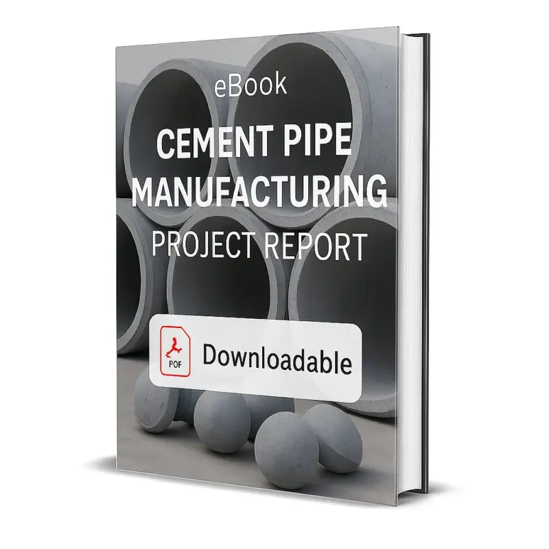 3D-rendered eBook cover for "Cement Pipe Manufacturing Project Report." The cover shows large cylindrical cement pipes stacked neatly in rows on a construction site. The title text reads “eBook CEMENT PIPE MANUFACTURING PROJECT REPORT” in bold white font, and a PDF icon with the word “Downloadable” is displayed at the bottom.