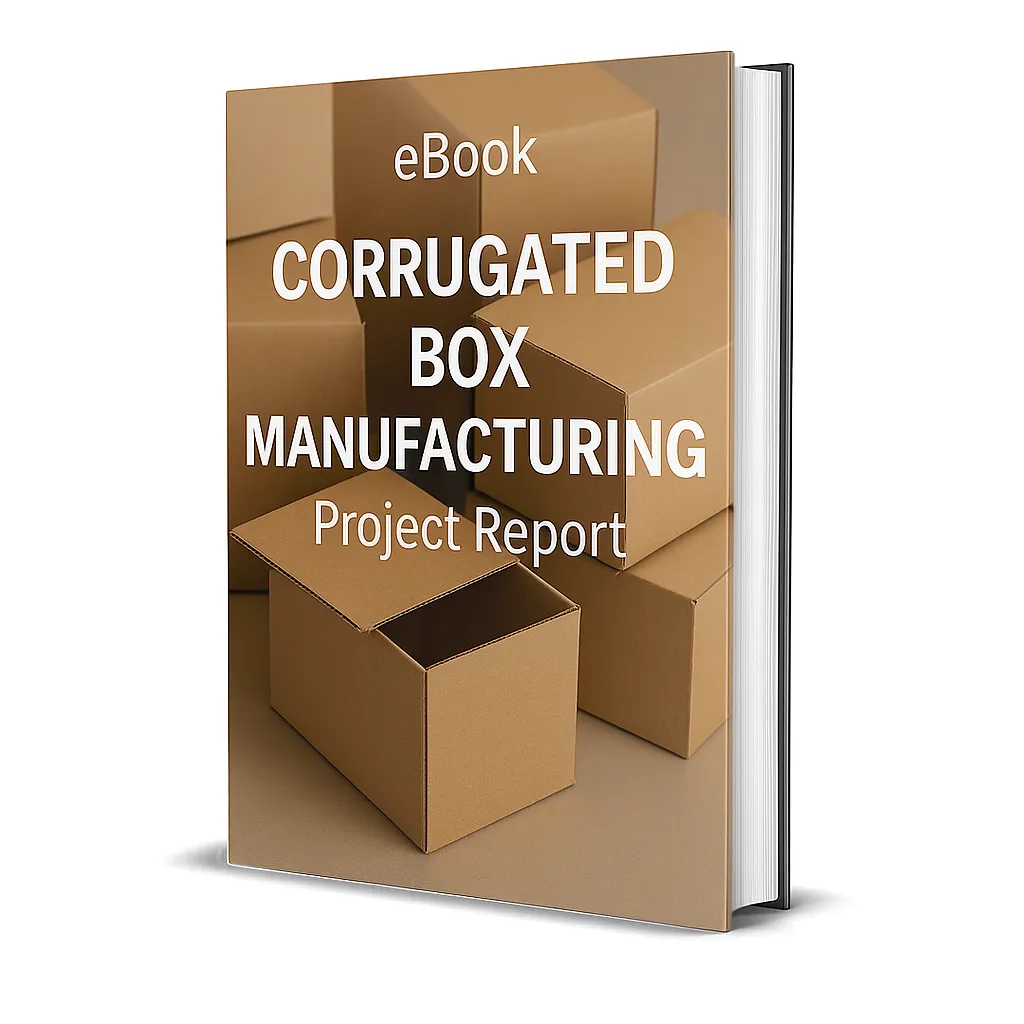 3D-rendered eBook cover for "Corrugated Box Manufacturing Project Report." The cover shows brown corrugated cardboard boxes, some open, some closed, and some stacked neatly against a clean white background. The title text reads “eBook CORRUGATED BOX MANUFACTURING PROJECT REPORT” in bold white font, and a PDF icon with the word “Downloadable” is displayed at the bottom.