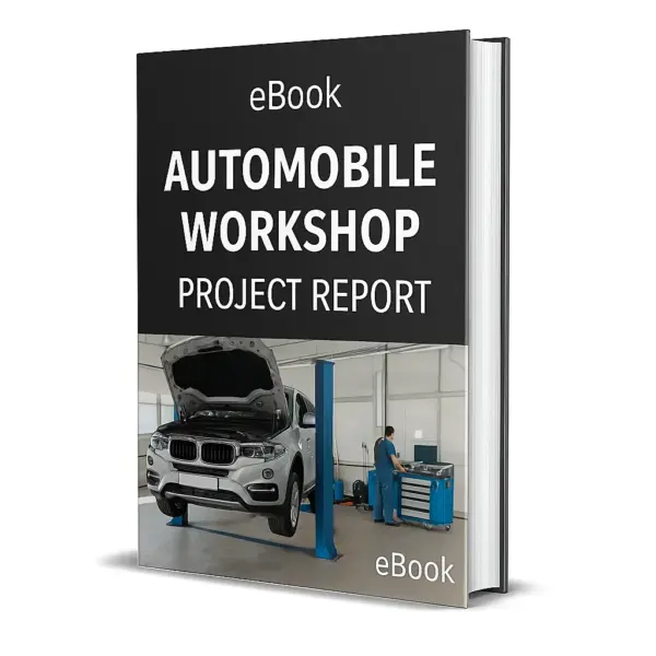 3D-rendered eBook cover for "Automobile Workshop Project Report." The cover shows an automobile workshop scene with car repair tools, a vehicle on a hydraulic lift, and mechanics working. The title text reads “eBook AUTOMOBILE WORKSHOP PROJECT REPORT” in bold white font, and a PDF icon with the word “Downloadable” is displayed at the bottom.