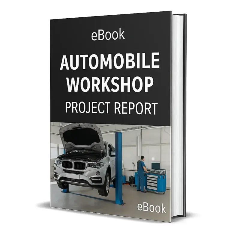 3D-rendered eBook cover for "Automobile Workshop Project Report." The cover shows an automobile workshop scene with car repair tools, a vehicle on a hydraulic lift, and mechanics working. The title text reads “eBook AUTOMOBILE WORKSHOP PROJECT REPORT” in bold white font, and a PDF icon with the word “Downloadable” is displayed at the bottom.