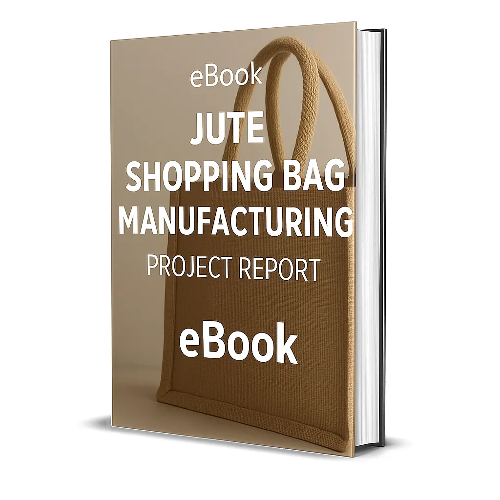 3D-rendered eBook cover for "Jute Shopping Bag Manufacturing Project Report." The cover shows eco-friendly jute shopping bags in natural brown color with handles, neatly arranged against a clean white background. The title text reads “eBook JUTE SHOPPING BAG MANUFACTURING PROJECT REPORT” in bold white font, and a PDF icon with the word “Downloadable” is displayed at the bottom.