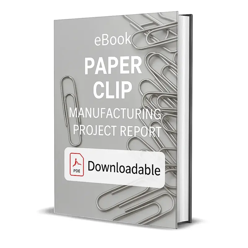 3D-rendered eBook cover for "Paper Clip Manufacturing Project Report." The cover shows metallic paper clips scattered loosely and some arranged neatly in small groups against a clean white background. The title text reads “eBook PAPER CLIP MANUFACTURING PROJECT REPORT” in bold white font, and a PDF icon with the word “Downloadable” is displayed at the bottom.