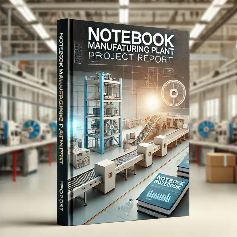 A professional book cover design for a 'Notebook Manufacturing Plant Project Report'. The cover features an industrial theme with an image of a modern