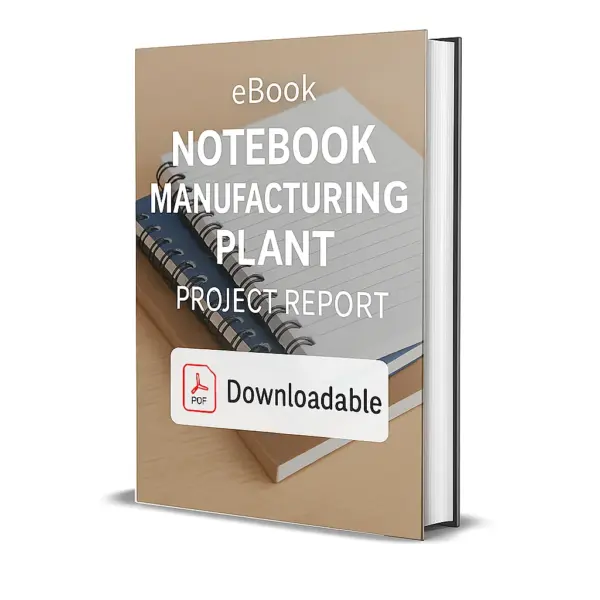 3D-rendered eBook cover for "Notebook Manufacturing Plant Project Report." The cover shows spiral-bound and standard ruled notebooks stacked neatly, with one notebook open, against a clean white background. The title text reads “eBook NOTEBOOK MANUFACTURING PLANT PROJECT REPORT” in bold white font, and a PDF icon with the word “Downloadable” is displayed at the bottom.