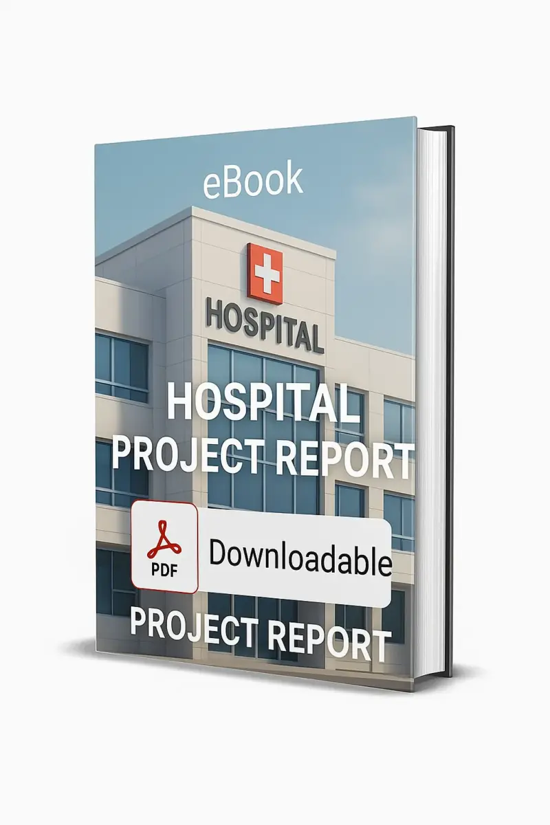 3D-rendered eBook cover for "Hospital Project Report." The cover shows a modern hospital building with a prominent red medical cross symbol, representing healthcare services, against a clean white background. The title text reads “eBook HOSPITAL PROJECT REPORT” in bold white font, and a PDF icon with the word “Downloadable” is displayed at the bottom.