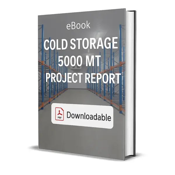 3D-rendered eBook cover for "Cold Storage 5000 MT Project Report." The cover shows a cold storage warehouse with cooling equipment and ice blocks, set against a clean white background. The title text reads “eBook COLD STORAGE 5000 MT PROJECT REPORT” in bold white font, and a PDF icon with the word “Downloadable” is displayed at the bottom.