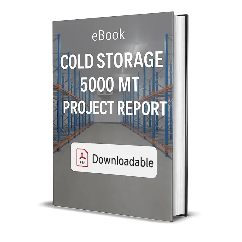 3D-rendered eBook cover for "Cold Storage 5000 MT Project Report." The cover shows a cold storage warehouse with cooling equipment and ice blocks, set against a clean white background. The title text reads “eBook COLD STORAGE 5000 MT PROJECT REPORT” in bold white font, and a PDF icon with the word “Downloadable” is displayed at the bottom.