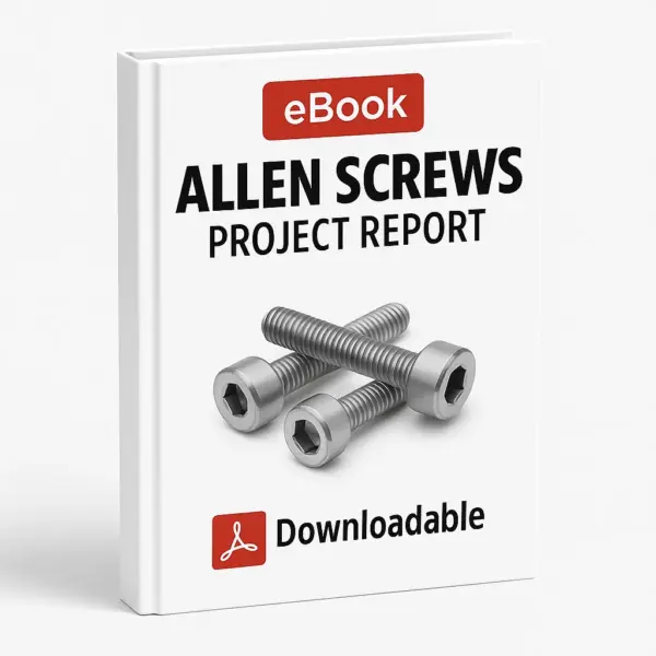 3D-rendered eBook cover for "Allen Screws Project Report" with a white background. The cover features a red "eBook" label at the top, bold black title text, an image of three metallic Allen screws in the center, and a red Adobe PDF icon with the word "Downloadable" at the bottom.