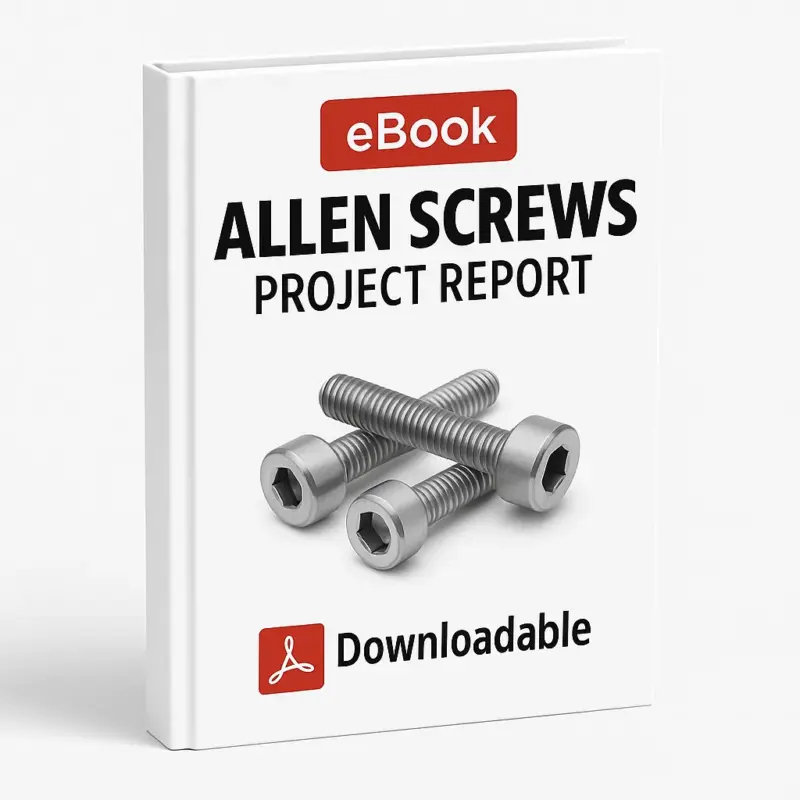 3D-rendered eBook cover for "Allen Screws Project Report" with a white background. The cover features a red "eBook" label at the top, bold black title text, an image of three metallic Allen screws in the center, and a red Adobe PDF icon with the word "Downloadable" at the bottom.