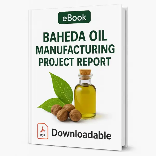 3D-rendered eBook cover for "Baheda Oil Manufacturing Project Report." The cover shows baheda fruits (Terminalia bellirica) alongside a glass bottle filled with baheda oil, placed neatly against a clean white background. The title text reads “eBook BAHEDA OIL MANUFACTURING PROJECT REPORT” in bold font, and a PDF icon with the word “Downloadable” is displayed at the bottom.
