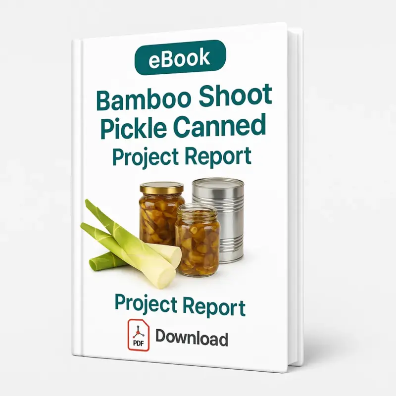 3D-rendered eBook cover for "Bamboo Shoot Pickle Canned Project Report." The cover shows fresh bamboo shoots, jars of bamboo shoot pickle, and sealed tin cans, all arranged neatly against a clean white background. The title text reads “eBook BAMBOO SHOOT PICKLE CANNED PROJECT REPORT” in bold font, and a PDF icon with the word “Downloadable” is displayed at the bottom.