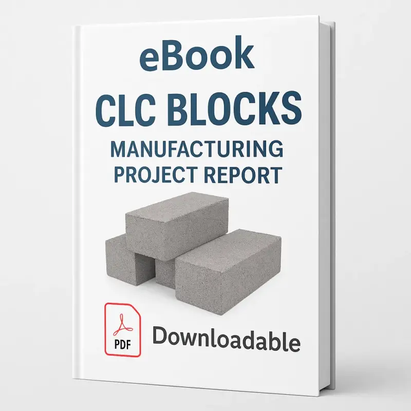 3D-rendered eBook cover for "CLC Blocks Manufacturing Project Report." The cover shows neatly stacked CLC (Cellular Lightweight Concrete) blocks in a construction-related setting against a clean white background. The title text reads “eBook CLC BLOCKS MANUFACTURING PROJECT REPORT” in bold font, and a PDF icon with the word “Downloadable” is displayed at the bottom.