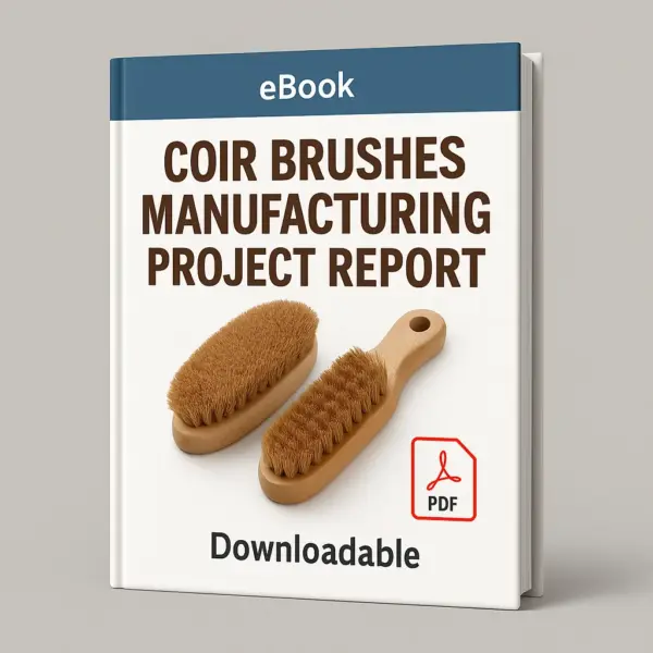 3D-rendered eBook cover for "Coir Brushes Manufacturing Project Report." The cover shows natural coir brushes made from coconut fibers with wooden handles, neatly arranged against a clean white background. The title text reads “eBook COIR BRUSHES MANUFACTURING PROJECT REPORT” in bold font, and a PDF icon with the word “Downloadable” is displayed at the bottom.