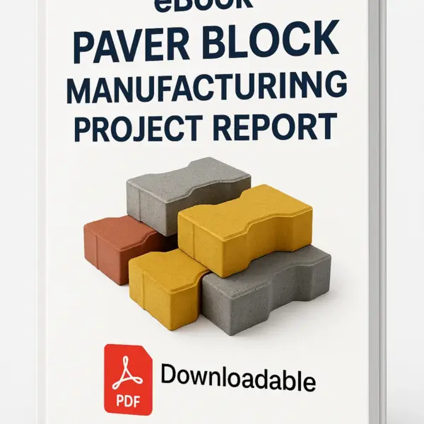 3D-rendered eBook cover for "Paver Block Manufacturing Project Report." The cover shows colorful interlocking paver blocks arranged neatly in geometric patterns, symbolizing construction use, against a clean white background. The title text reads “eBook PAVER BLOCK MANUFACTURING PROJECT REPORT” in bold font, and a PDF icon with the word “Downloadable” is displayed at the bottom.