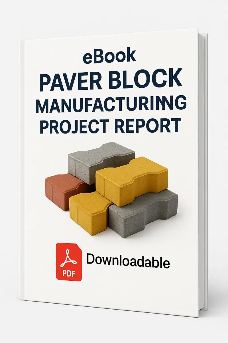 3D-rendered eBook cover for "Paver Block Manufacturing Project Report." The cover shows colorful interlocking paver blocks arranged neatly in geometric patterns, symbolizing construction use, against a clean white background. The title text reads “eBook PAVER BLOCK MANUFACTURING PROJECT REPORT” in bold font, and a PDF icon with the word “Downloadable” is displayed at the bottom.