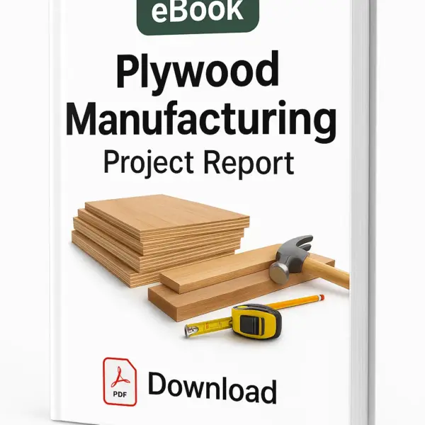 3D-rendered eBook cover for "Plywood Manufacturing Project Report." The cover shows neatly stacked plywood sheets along with carpentry tools, set against a clean white background. The title text reads “eBook PLYWOOD MANUFACTURING PROJECT REPORT” in bold font, and a PDF icon with the word “Downloadable” is displayed at the bottom.