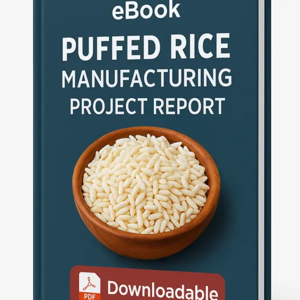 3D-rendered eBook cover for "Puffed Rice Manufacturing Project Report." The cover shows a bowl filled with puffed rice along with some scattered puffed rice grains, all set against a clean white background. The title text reads “eBook PUFFED RICE MANUFACTURING PROJECT REPORT” in bold white font, and a PDF icon with the word “Downloadable” is displayed at the bottom.