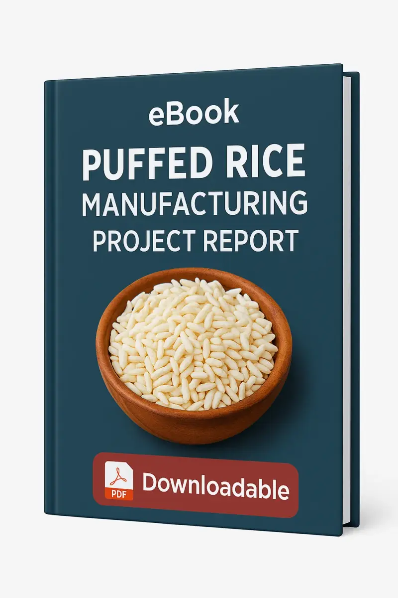 3D-rendered eBook cover for "Puffed Rice Manufacturing Project Report." The cover shows a bowl filled with puffed rice along with some scattered puffed rice grains, all set against a clean white background. The title text reads “eBook PUFFED RICE MANUFACTURING PROJECT REPORT” in bold white font, and a PDF icon with the word “Downloadable” is displayed at the bottom.