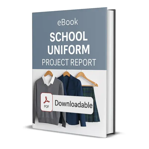 3D-rendered eBook cover for "School Uniform Project Report." The cover shows neatly displayed school uniforms including shirts, trousers, skirts, and ties, arranged on hangers and folded, against a clean white background. The title text reads “eBook SCHOOL UNIFORM PROJECT REPORT” in bold white font, and a PDF icon with the word “Downloadable” is displayed at the bottom.