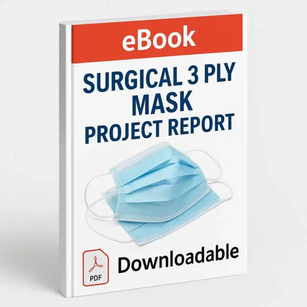 3D-rendered eBook cover for "Surgical 3 Ply Mask Project Report." The cover shows blue surgical 3-ply masks, some stacked and some laid out neatly, against a clean white background. The title text reads “eBook SURGICAL 3 PLY MASK PROJECT REPORT” in bold font, and a PDF icon with the word “Downloadable” is displayed at the bottom.