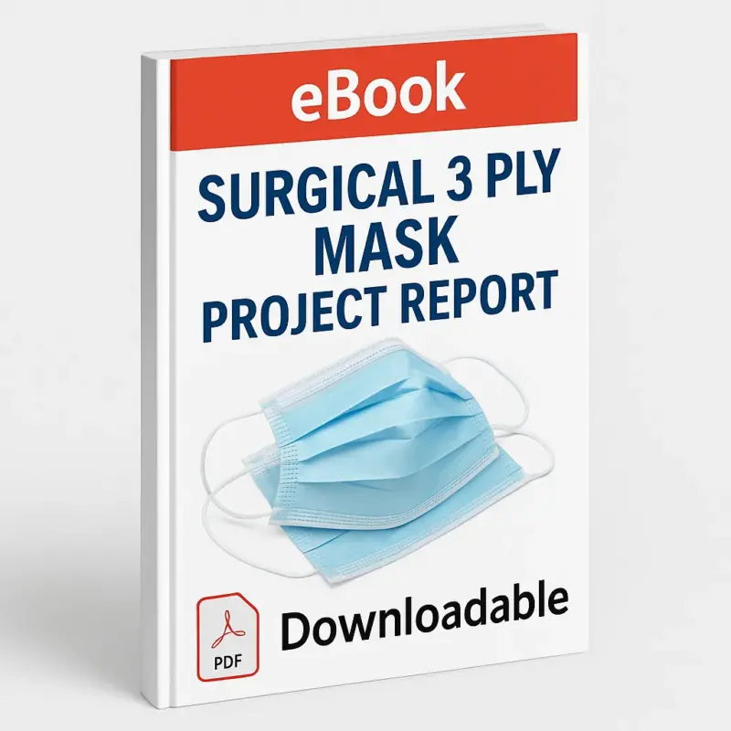 3D-rendered eBook cover for "Surgical 3 Ply Mask Project Report." The cover shows blue surgical 3-ply masks, some stacked and some laid out neatly, against a clean white background. The title text reads “eBook SURGICAL 3 PLY MASK PROJECT REPORT” in bold font, and a PDF icon with the word “Downloadable” is displayed at the bottom.