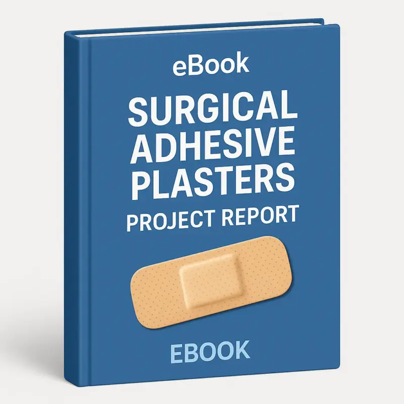 3D-rendered eBook cover for "Surgical Adhesive Plasters Project Report." The cover shows medical adhesive plasters, including bandages and rolls of plaster tape, neatly arranged against a clean white background. The title text reads “eBook SURGICAL ADHESIVE PLASTERS PROJECT REPORT” in bold font, and a PDF icon with the word “Downloadable” is displayed at the bottom.