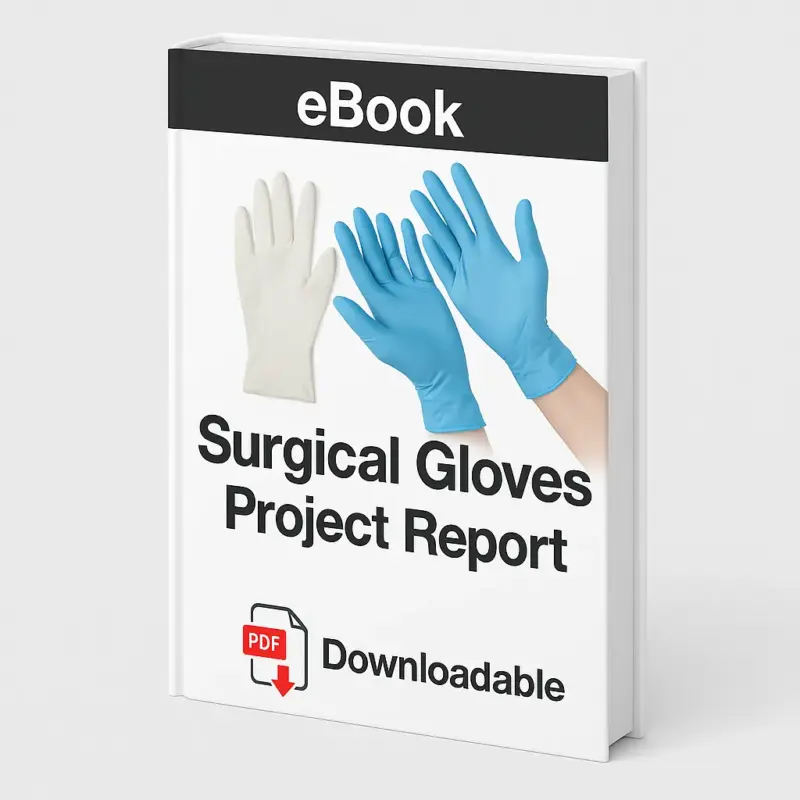 3D-rendered eBook cover for "Surgical Gloves Project Report." The cover shows blue and white medical surgical gloves placed neatly against a clean white background. The title text reads “eBook SURGICAL GLOVES PROJECT REPORT” in bold font, and a PDF icon with the word “Downloadable” is displayed at the bottom.