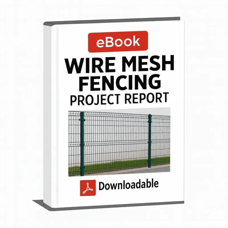 3D-rendered eBook cover for "Wire Mesh Fencing Project Report" with a clean white background. The cover features a red label at the top with the word "eBook," bold black title text, an image of a green wire mesh fence in the center, and a red Adobe PDF icon with the word "Downloadable" at the bottom.