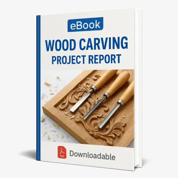 3D-rendered eBook cover for "Wood Carving Project Report." The cover shows beautifully carved wooden art pieces, wood chisels, and wood shavings arranged neatly against a clean white background. The title text reads “eBook WOOD CARVING PROJECT REPORT” in bold font, and a PDF icon with the word “Downloadable” is displayed at the bottom.