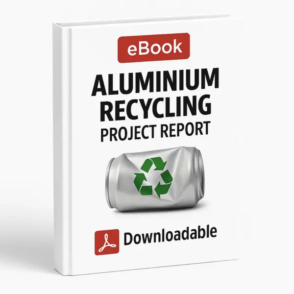 3D-rendered eBook cover for "Aluminium Recycling Project Report" with a white background. The cover includes a red "eBook" label at the top, bold black title text, an image of a crumpled aluminum can with a green recycling symbol in the center, and a red Adobe PDF icon with the word "Downloadable" at the bottom.