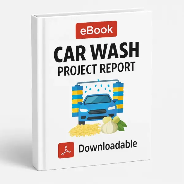 3D-rendered eBook cover for "Car Wash Project Report" with a white background. The cover features a red "eBook" label at the top, bold black title text, and an illustration of a blue car passing through an automatic car wash with water jets and brushes. At the bottom, there is a red Adobe PDF icon with the word "Downloadable."