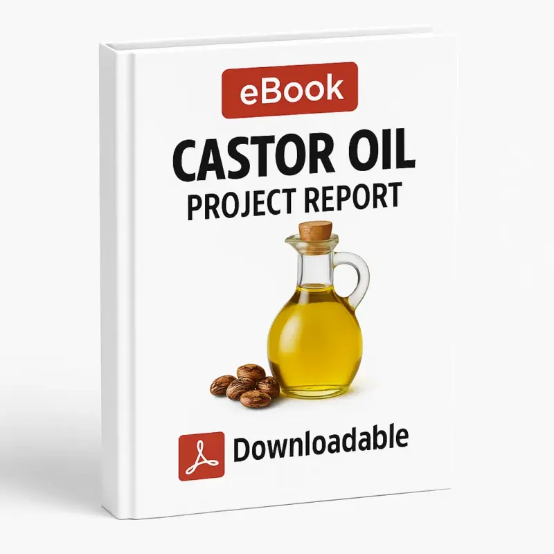 3D-rendered eBook cover for "Castor Oil Project Report" with a white background. The cover features a red "eBook" label at the top, bold black title text, an image of a glass bottle filled with golden castor oil beside castor beans, and a red Adobe PDF icon with the word "Downloadable" at the bottom.