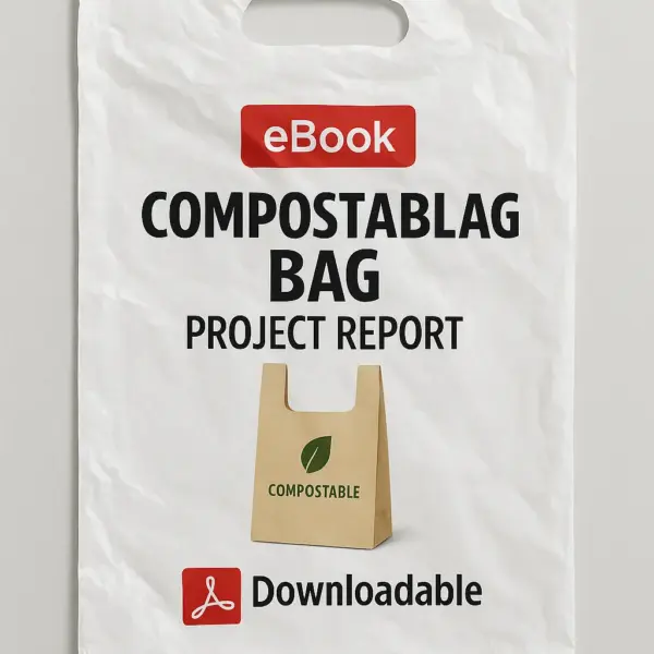 Photograph of a white plastic bag styled as an eBook cover for "Compostable Bag Project Report." The bag has a die-cut handle, a red "eBook" label at the top, bold black title text, an image of a beige compostable bag with a green leaf logo in the center, and a red Adobe PDF icon with the word "Downloadable" at the bottom.