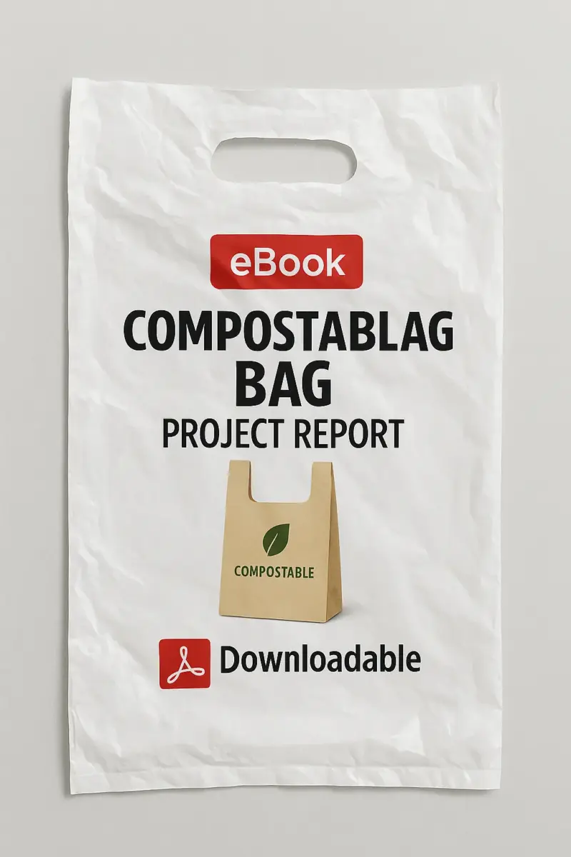 Photograph of a white plastic bag styled as an eBook cover for "Compostable Bag Project Report." The bag has a die-cut handle, a red "eBook" label at the top, bold black title text, an image of a beige compostable bag with a green leaf logo in the center, and a red Adobe PDF icon with the word "Downloadable" at the bottom.