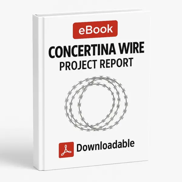 3D-rendered eBook cover for "Concertina Wire Project Report" with a white background. The cover features a red "eBook" label at the top, bold black title text, an illustration of coiled concertina wire in the center, and a red Adobe PDF icon with the word "Downloadable" at the bottom.