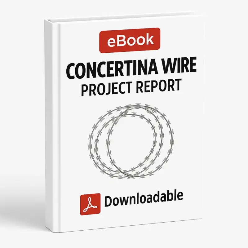 3D-rendered eBook cover for "Concertina Wire Project Report" with a white background. The cover features a red "eBook" label at the top, bold black title text, an illustration of coiled concertina wire in the center, and a red Adobe PDF icon with the word "Downloadable" at the bottom.