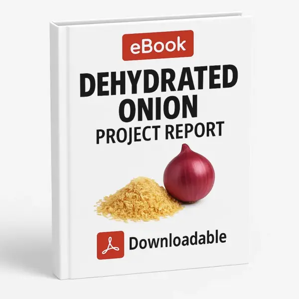 3D-rendered eBook cover for "Dehydrated Onion Project Report" with a white background. The cover includes a red "eBook" label at the top, bold black title text, an image of a fresh red onion next to a pile of dehydrated onion flakes, and a red Adobe PDF icon with the word "Downloadable" at the bottom.