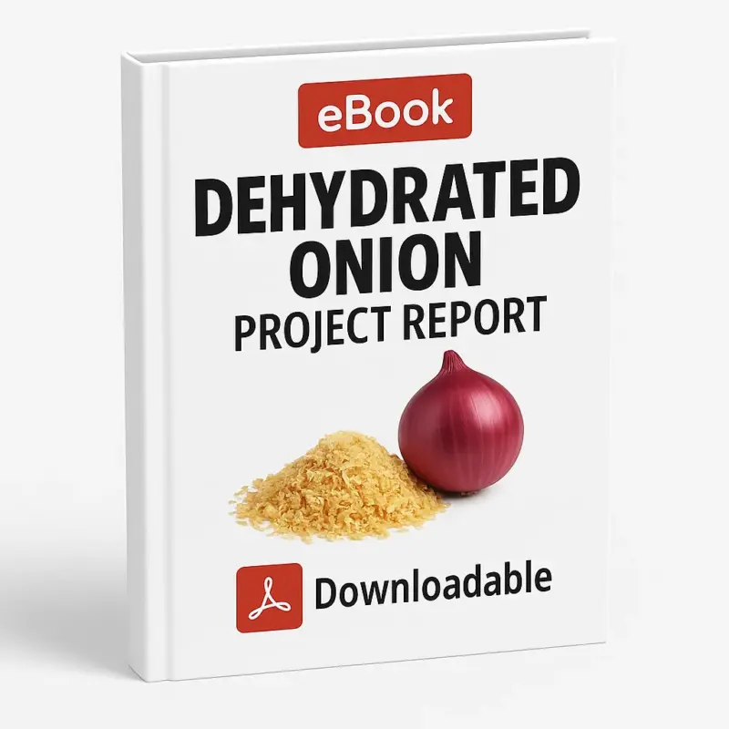 3D-rendered eBook cover for "Dehydrated Onion Project Report" with a white background. The cover includes a red "eBook" label at the top, bold black title text, an image of a fresh red onion next to a pile of dehydrated onion flakes, and a red Adobe PDF icon with the word "Downloadable" at the bottom.