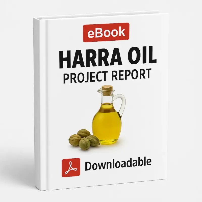 3D-rendered eBook cover for "Harra Oil Project Report" with a white background. The design features a red "eBook" label at the top, bold black title text, an image of a glass bottle filled with golden Harra oil placed beside Harra fruits, and a red Adobe PDF icon with the word "Downloadable" at the bottom.