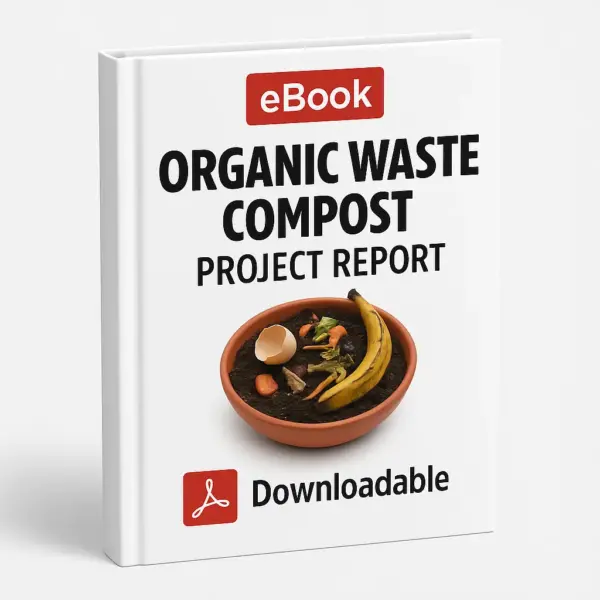 3D-rendered eBook cover for "Organic Waste Compost Project Report" with a white background. The cover includes a red "eBook" label at the top, bold black title text, and an image of a terracotta bowl filled with compost containing banana peel, vegetable scraps, and an eggshell. At the bottom, there is a red Adobe PDF icon with the word "Downloadable."