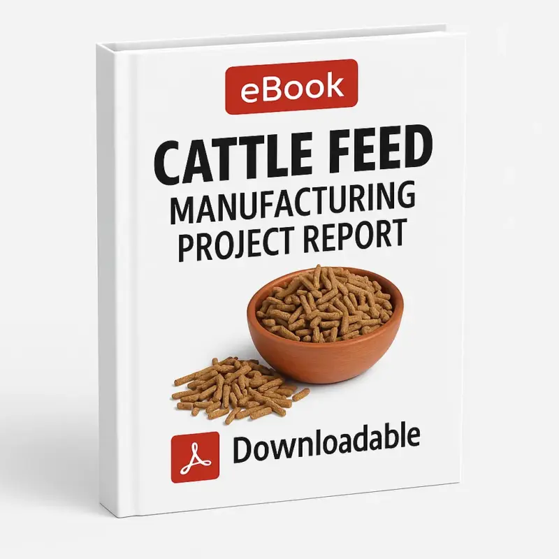 3D-rendered eBook cover for "Cattle Feed Manufacturing Project Report" with a white background. The cover features a red "eBook" label at the top, bold black title text, and an image of a wooden bowl filled with cattle feed pellets with some scattered outside. At the bottom, a red Adobe PDF icon is placed next to the word "Downloadable."