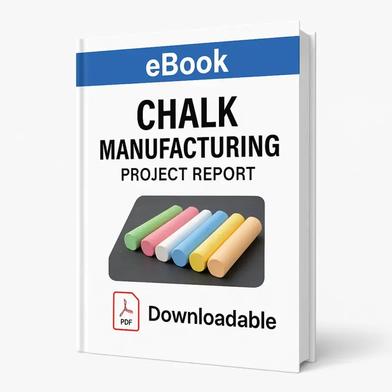3D-rendered eBook cover for "Chalk Manufacturing Project Report." The cover features colorful chalk sticks in white, pink, blue, and yellow arranged neatly, with a blackboard in the background, set against a clean white backdrop. The title text reads “eBook CHALK MANUFACTURING PROJECT REPORT” in bold font, and a PDF icon with the word “Downloadable” is displayed at the bottom.