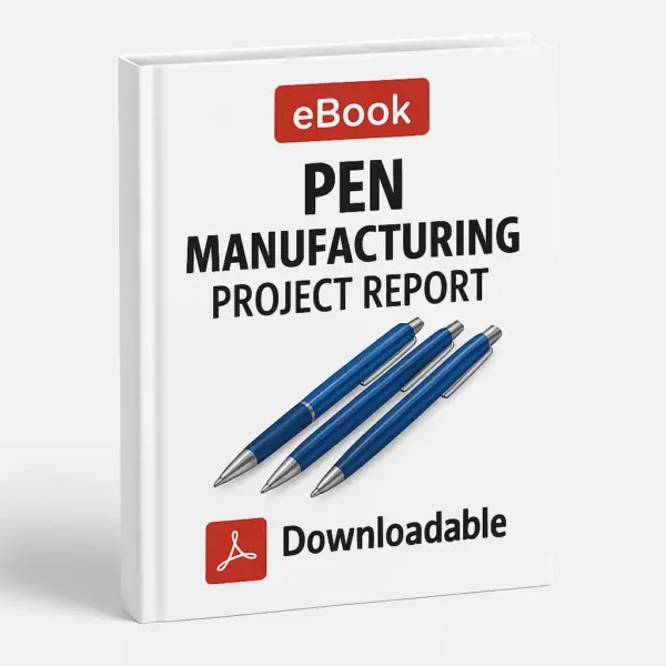 3D-rendered eBook cover for "Pen Manufacturing Project Report" with a white background. The cover features a red "eBook" label at the top, bold black title text, and three blue ballpoint pens angled across the center. At the bottom, a red Adobe PDF icon is shown next to the word "Downloadable.